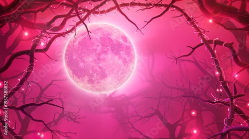 A pink moon is in the sky above a forest of pink branches. The moon is surrounded by a pink glow, giving the scene a dreamy and romantic atmosphere