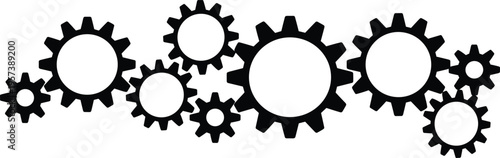 Gear icons in black silhouette design, showing interconnected mechanical wheels, symbolizing engineering, machinery, teamwork, industry, and system interaction.