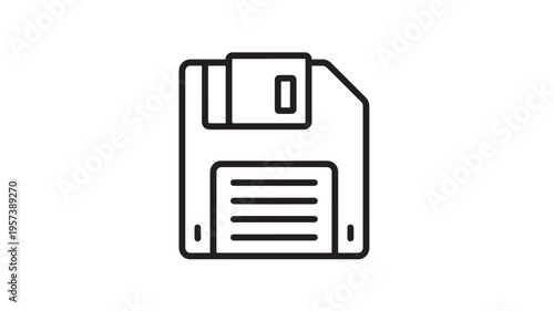 Floppy disk icon with a thin black outline representing data storage and technology, isolated on a white background.
