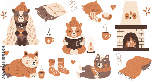 Cozy Winter Animals Set with Cute Bears and Dogs, Fireplace, Blankets, Hot Drinks and Hygge Home Comfort Vector Illustration