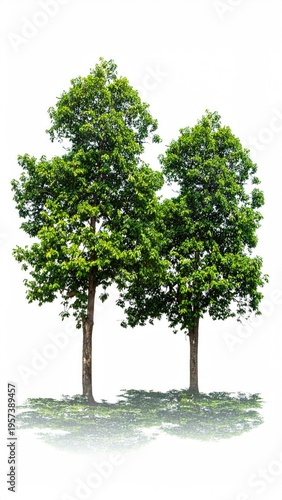 Two leafy trees, green crowns, brown trunks, isolated