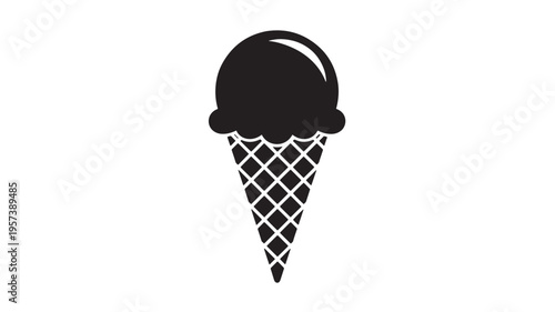 Ice cream cone icon with a single scoop of ice cream in a black waffle cone, perfect for summer food.