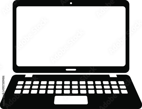 Laptop computer icon in black silhouette design, showing screen, keyboard, and touchpad details, symbolizing technology, digital work, computing, and online communication.