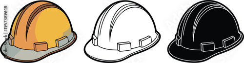 Construction hard hat silhouette & Outline and illustration set isolated on transparent background