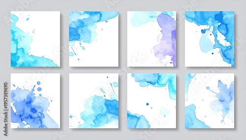 Watercolor splashes on white. Serene, cool tones. Abstract