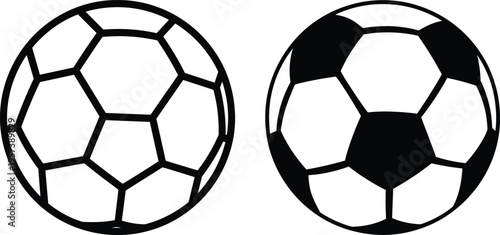 Soccer ball icons in black and white design, showing outlined geometric panels and classic filled pentagon‑hexagon pattern, symbolizing sport, game, competition, and recreation.
