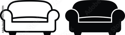 Sofa icons in black and white design, showing outlined and solid modern styles with rounded backrests and armrests, symbolizing furniture, comfort, and interior design.