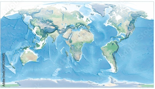 World map displays continents and oceans in bright relief