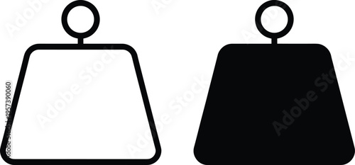Weight icons in black and white design, showing outlined and solid trapezoid styles with circular handles, symbolizing gym, fitness, strength, and measurement.