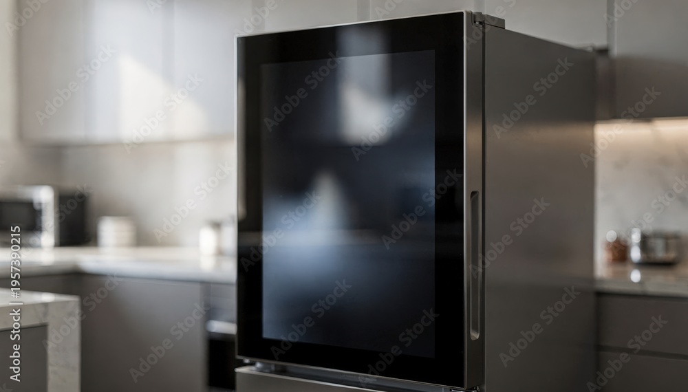 Fototapeta premium Smart refrigerator screen showing a pending service notification with emphasis on the touchscreen interface kitchen background gently out of focus.