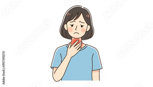 Sore throat woman illustration with hand on neck in pain