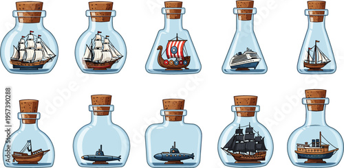 Large Collection of Miniature Ships in Bottles Vector Set Featuring Viking Longships, Submarines, Pirate Galleons, and Modern Vessels for Hobbies, Maritime History, and Decor