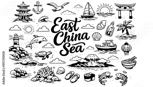 East China Sea vector illustration with various nautical and cultural icons