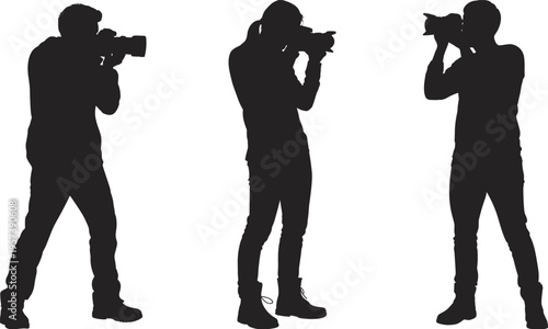Black Photographer Silhouettes Collection Set of Professional Camera Operators Shooting and Taking Pictures for Media Press Event and Photography Concept