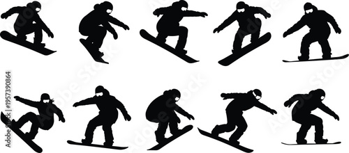Snowboarder silhouettes performing tricks, winter sports action, dynamic snowboarding poses, athlete riding snowboard, extreme sport illustration, stylish vector art, outdoor adventure concept