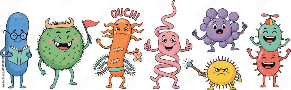 Fototapeta premium Cute Bacteria and Virus Cartoon Character Set for Educational Science Projects, Medical Infographics, Health Awareness, and Microbiology Illustrations for Children