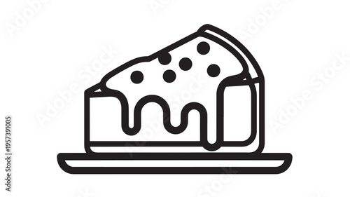 Slice of cheesecake with melted topping and berries, represented as a black and white line art icon.