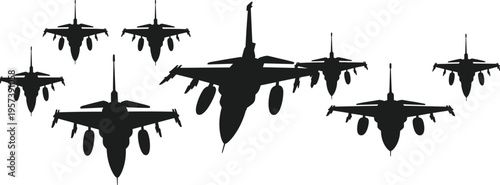 Black Silhouette Group of Military Fighter Jets Flying in Formation Illustration Isolated on White Background for Air Force Defense Concepts