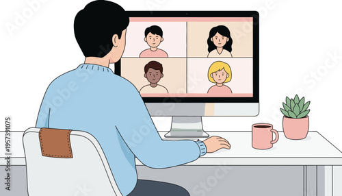 A man sitting at a desk with a computer screen showing a video call with multiple people