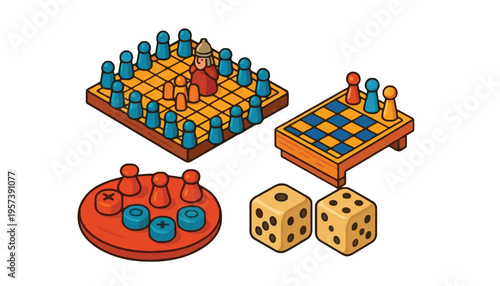 A cartoon illustration of various board games and game pieces