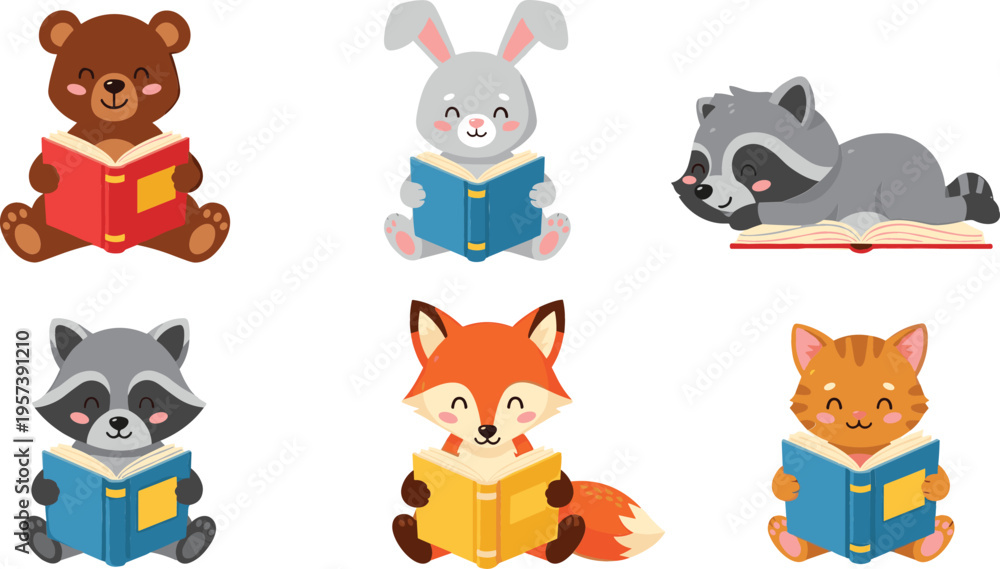 Fototapeta premium Happy Forest Animal Character Set Reading Books Featuring Cute Bear Rabbit Raccoon Fox and Cat for Literacy Education Storytime and Children's Library Vector Illustration
