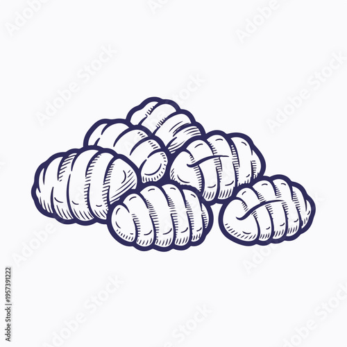 Gnocchi potato dumplings vector illustration. Hand-drawn engraving style Italian pasta. Isolated culinary graphic element