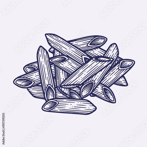 Penne pasta pile engraving. Vintage vector illustration of italian macaroni. Hand-drawn line art for restaurant menu and food packaging