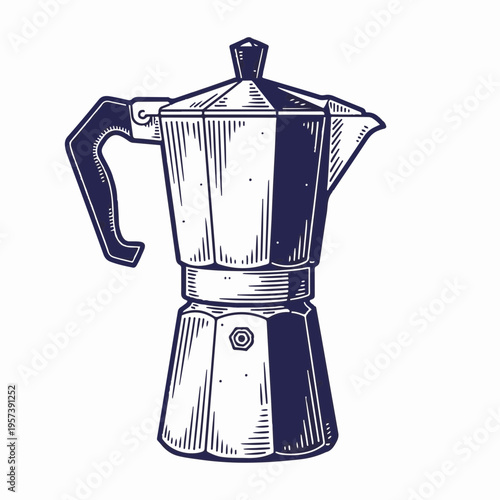 Moka pot coffee maker vector illustration. Vintage engraving style Italian espresso machine. Hand drawn kitchenware icon isolated on white