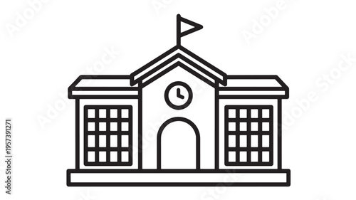 School building icon with clock and flag on a white background, simple vector illustration representing education and learning.