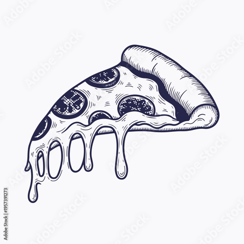 Pizza slice with melted cheese stretch engraving. Vintage vector illustration of italian food. Hand-drawn line art for menu and food advertising