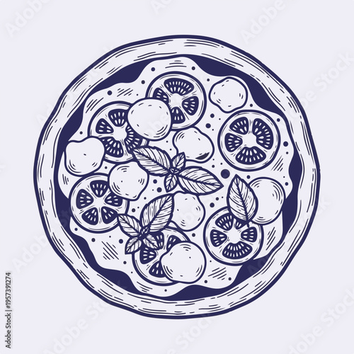 Pizza margherita top view engraving. Vintage vector illustration of italian pizza with tomato and mozzarella. Hand-drawn line art for pizzeria menu