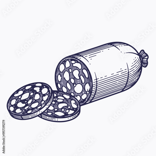 Salami sausage with cut slices. Hand drawn engraving style vector illustration. Italian deli meat isolated on white