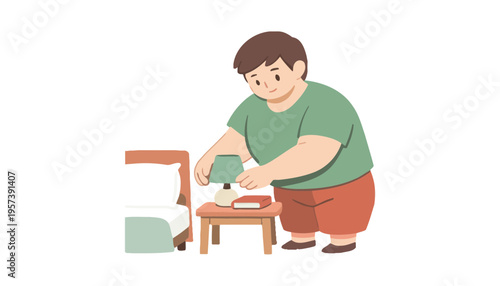 Boy character illustration placing object on small wooden table beside bed