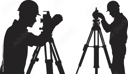 Black silhouette of land surveyors in hard hats using total station and theodolite on tripod for construction engineering and architecture