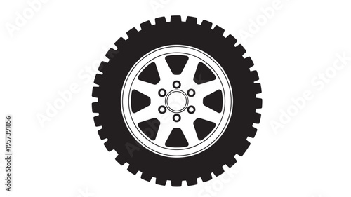 Tire wheel off road vehicle with aggressive tread pattern and multi spoke rim, isolated black silhouette on white background