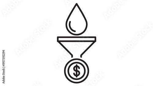 Funnel icon with a drop and a dollar coin symbolizing income and financial process, clear graphic representation for business and finance.
