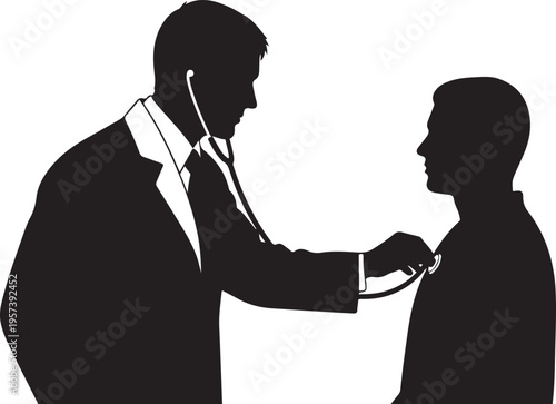 Doctor Examining Patient Vector Silhouette, Medical Checkup Illustration, Healthcare Diagnosis Concept, Stethoscope Heartbeat Monitor Icon