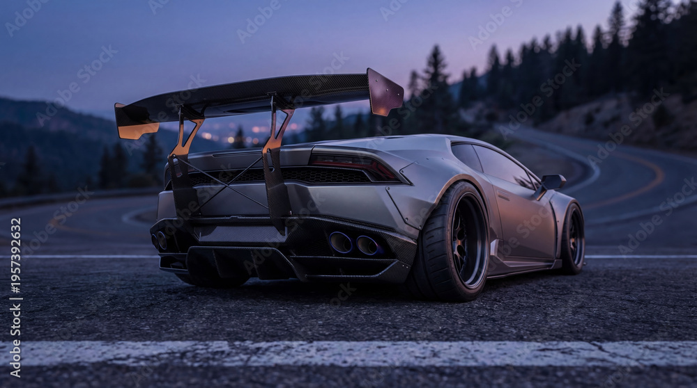 Fototapeta premium Modified supercar with carbon fiber spoiler parked on mountain road at twilight. Automotive customization project showcasing performance tuning, wide body kit and aero parts. Sport vehicle.