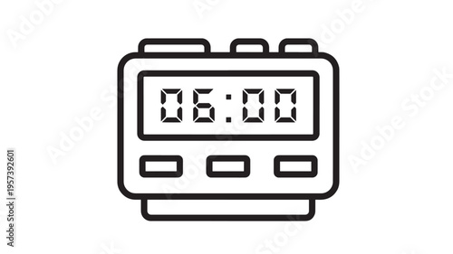 Digital alarm clock icon with a six o'clock display and three buttons, rendered in a simple line art style on a white background.