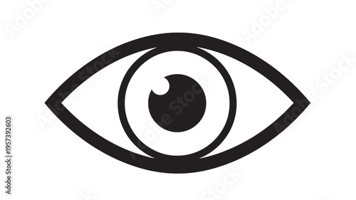 Eye icon with black pupil and iris, stylized representation of sight and vision on a white background, simple.