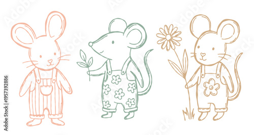 Cottagecore mice, clad in overalls, tend a daisy garden. Charming, nature-inspired hand-drawn animals, a friendly trio. Whimsical, pastel vector sketches for charming print projects.