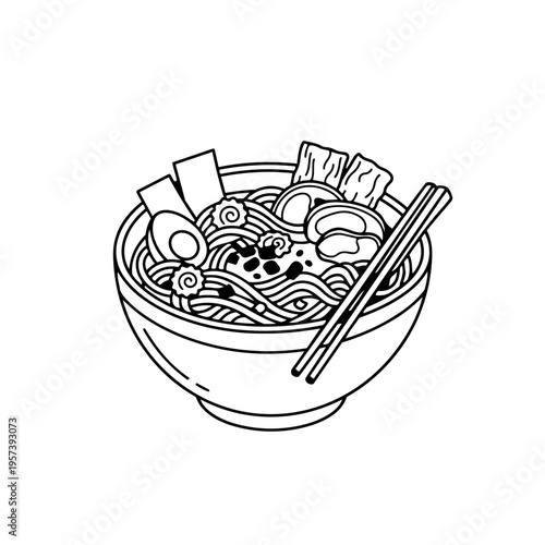 Bowl of Ramen: A monochromatic illustration captures the delicious essence of a ramen bowl, showcasing noodles, toppings, and chopsticks for a simple yet tempting visual