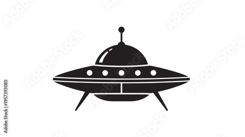 Saucer-shaped flying object with lights and landing gear, representing a classic UFO design. featuring alien spaceship, extraterrestrial, spacecraft