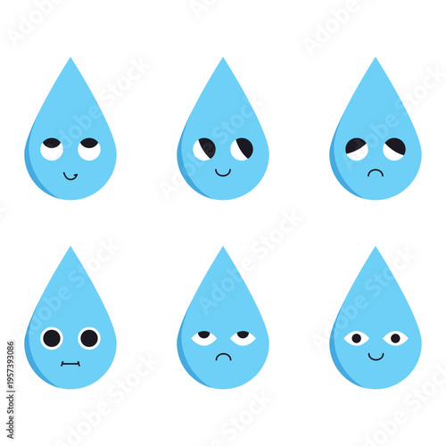 Set of blue water drop characters with different facial expressions. Vector flat emoji icons, ideal for weather apps, ecology projects, or kids' educational materials.