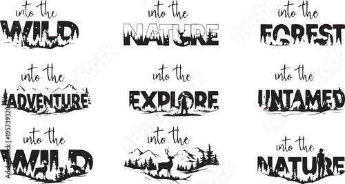 Into the wild adventure typography set, grunge hand drawn outdoor quotes vector lettering pack