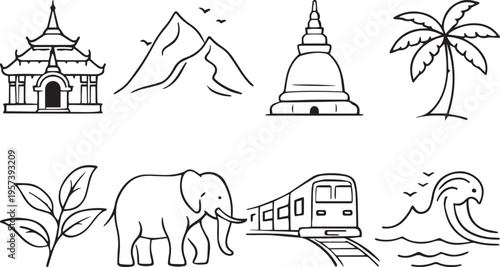 Sri Lanka icons set temple stupa palm elephant train wave leaf mountain line art travel vector