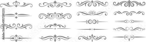 Vintage set of ornate calligraphic design elements featuring black floral scrolls, victorian borders, and flourish patterns for decorative vector frames and art illustrations