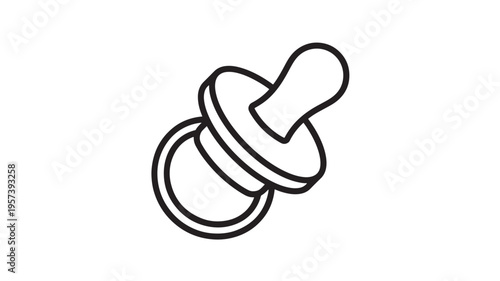 Pacifier simple icon with a rounded shield and nipple, black outline on a white background for baby care items.