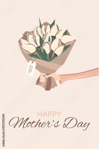 Happy Mother's day greeting card with white tulips and a hand. Pastel colors. 
