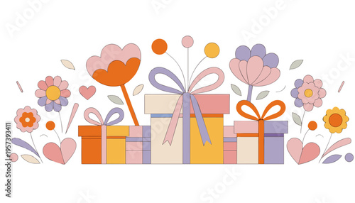 Colorful gift boxes surrounded by flowers and hearts in pastel style  